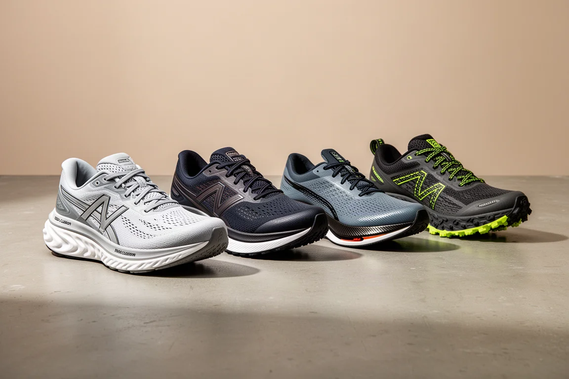 Four running shoes arranged in a row on a concrete surface