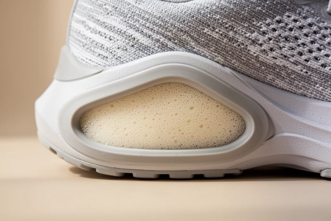 Close de um entressolo de tênis de corrida em tricô com a espuma visível nas bordas
