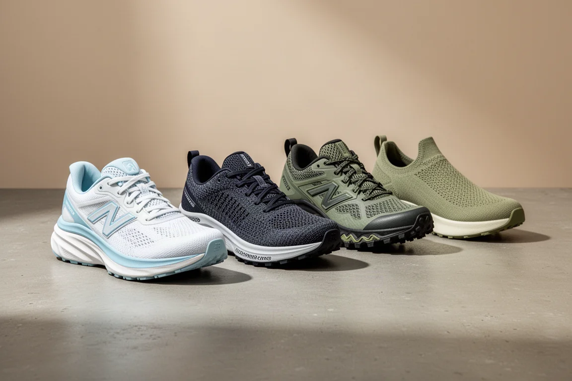 Four running shoes lined up on a matte concrete surface