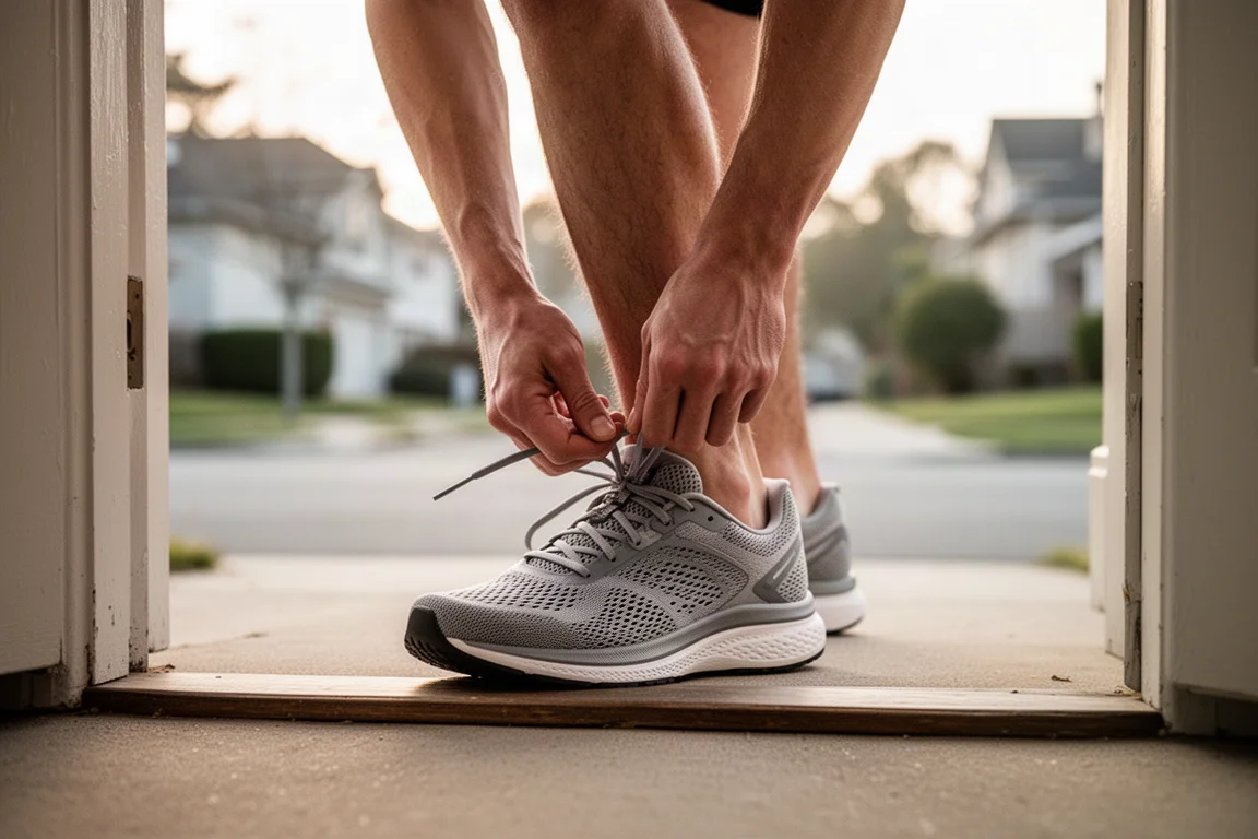 Runner lacing up a modern running shoe on a doorstep before an early morning run