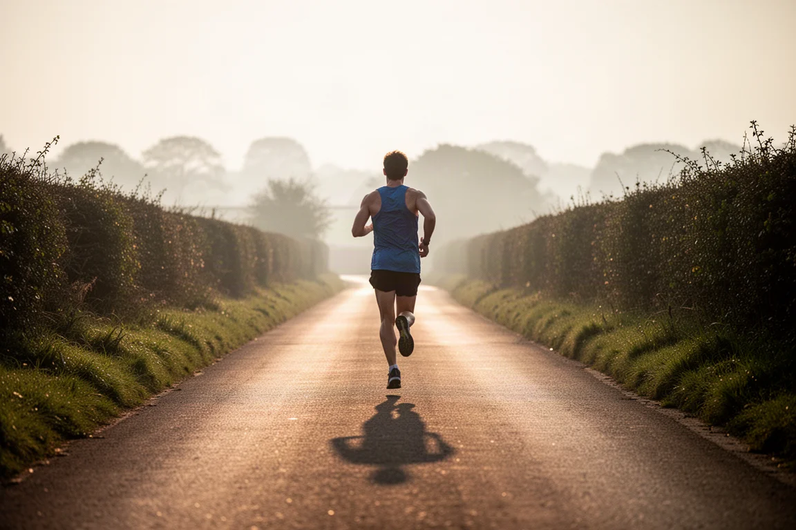 Runner jogging along a quiet country lane in warm evening light