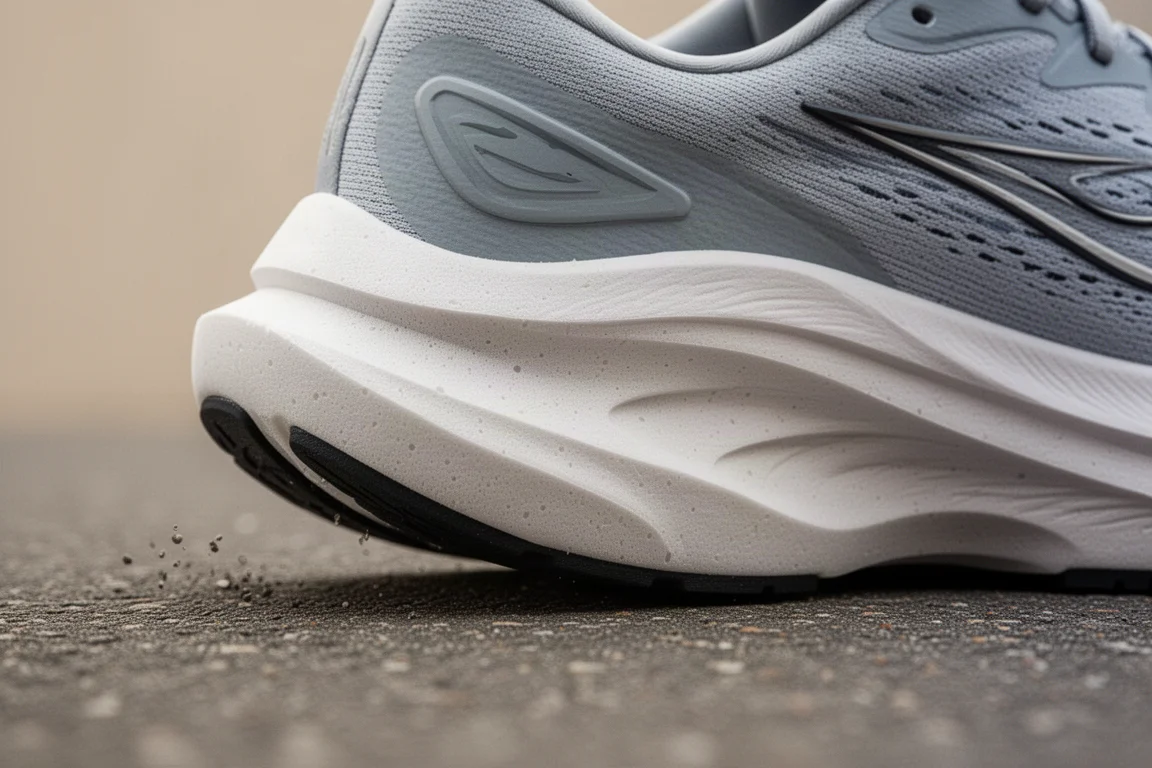 Close-up of a thickly cushioned running shoe midsole compressing on pavement