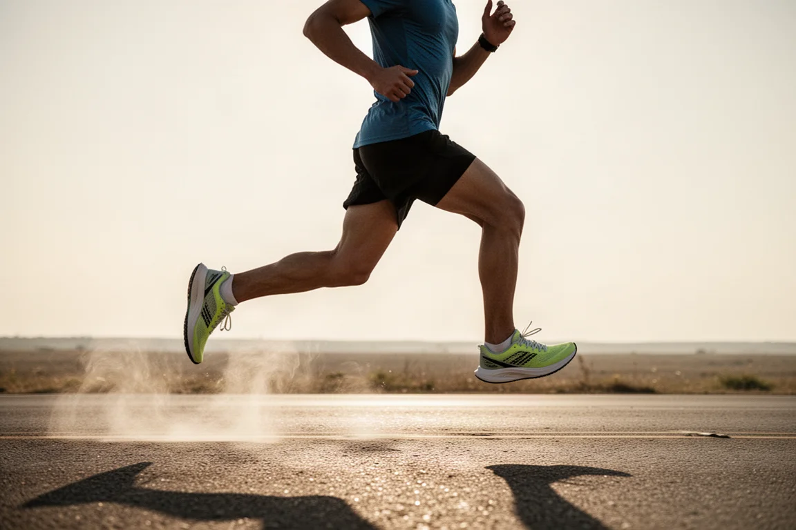 Runner striding down a sunlit road in lightweight racing shoes