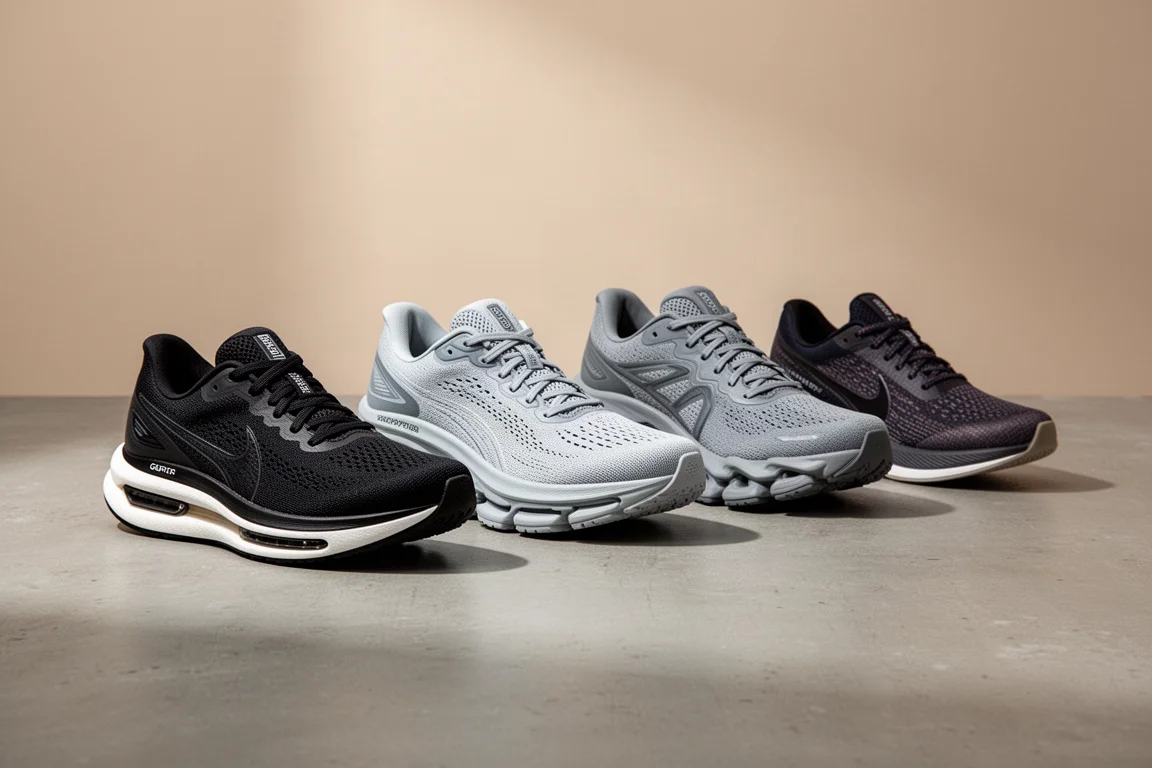 Four new running shoes arranged in a row on a concrete surface