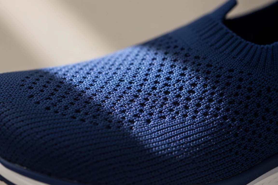 Nahaufnahme eines gestrickten Laufschuhschafts mit sichtbarer Textur und Detailarbeit