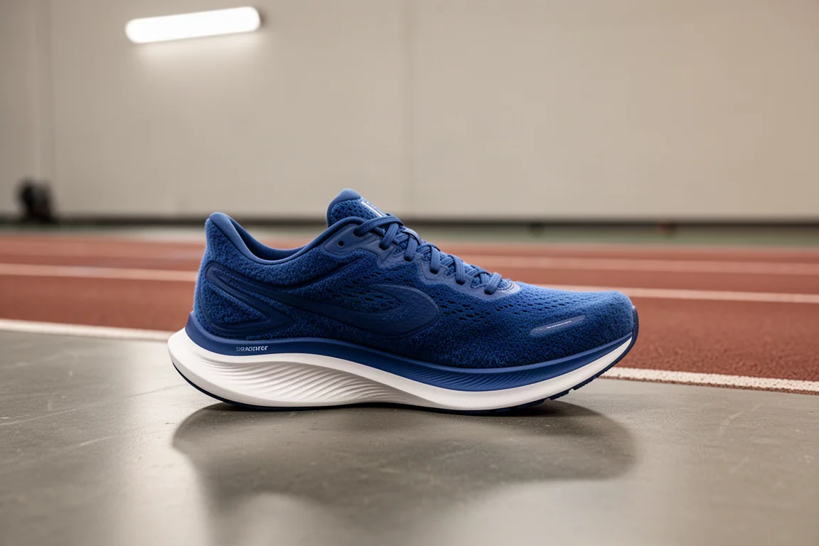 Gepolsterter Stabilitätslaufschuh auf dem Fitnessstudio-Boden neben einer Laufbahn