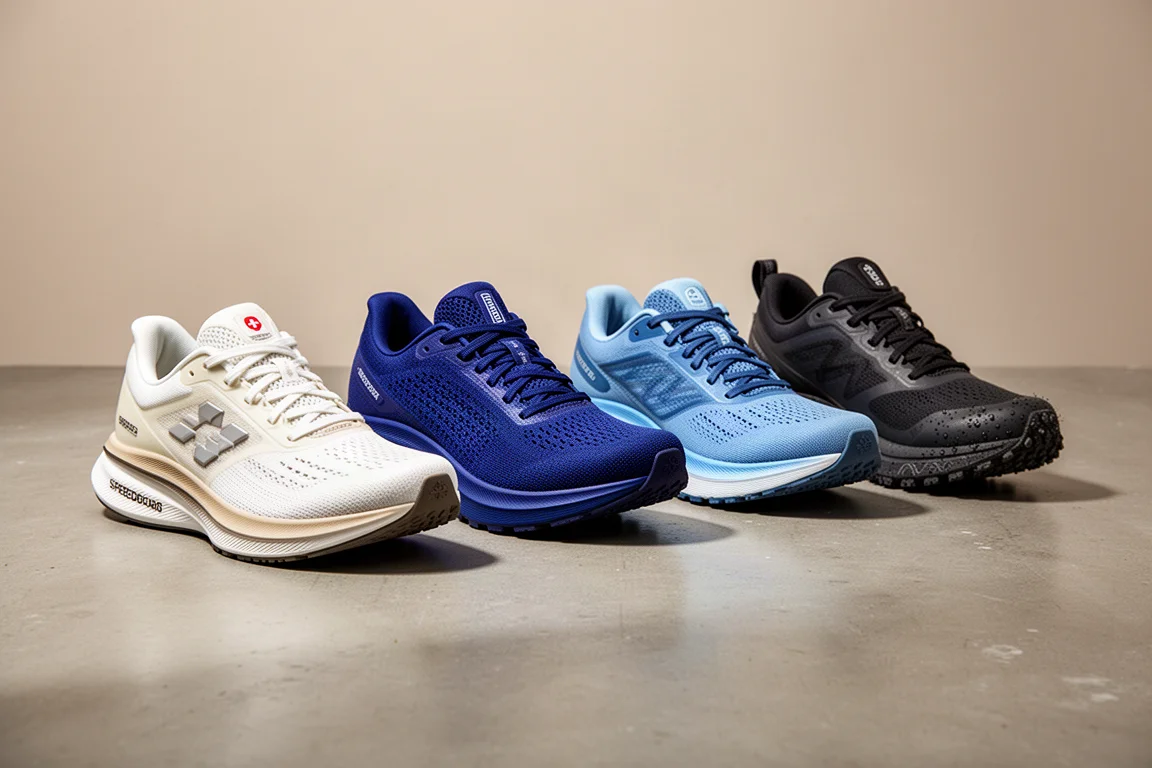 Four running shoes arranged in a row on a concrete surface