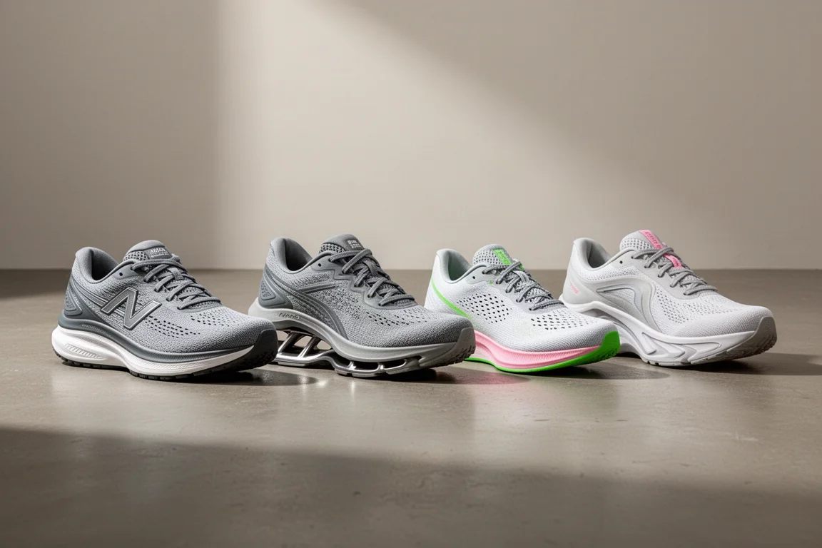 Four running shoes in a row on a concrete studio floor showing different silhouettes