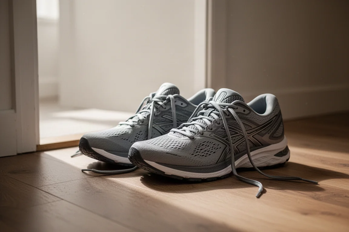 Corredor atándose unas zapatillas de running junto a una puerta antes de una carrera al amanecer