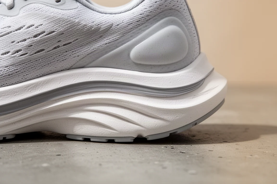 Primer plano de una mediana gruesa y suave de zapatilla de running mostrando celdas de espuma en capas