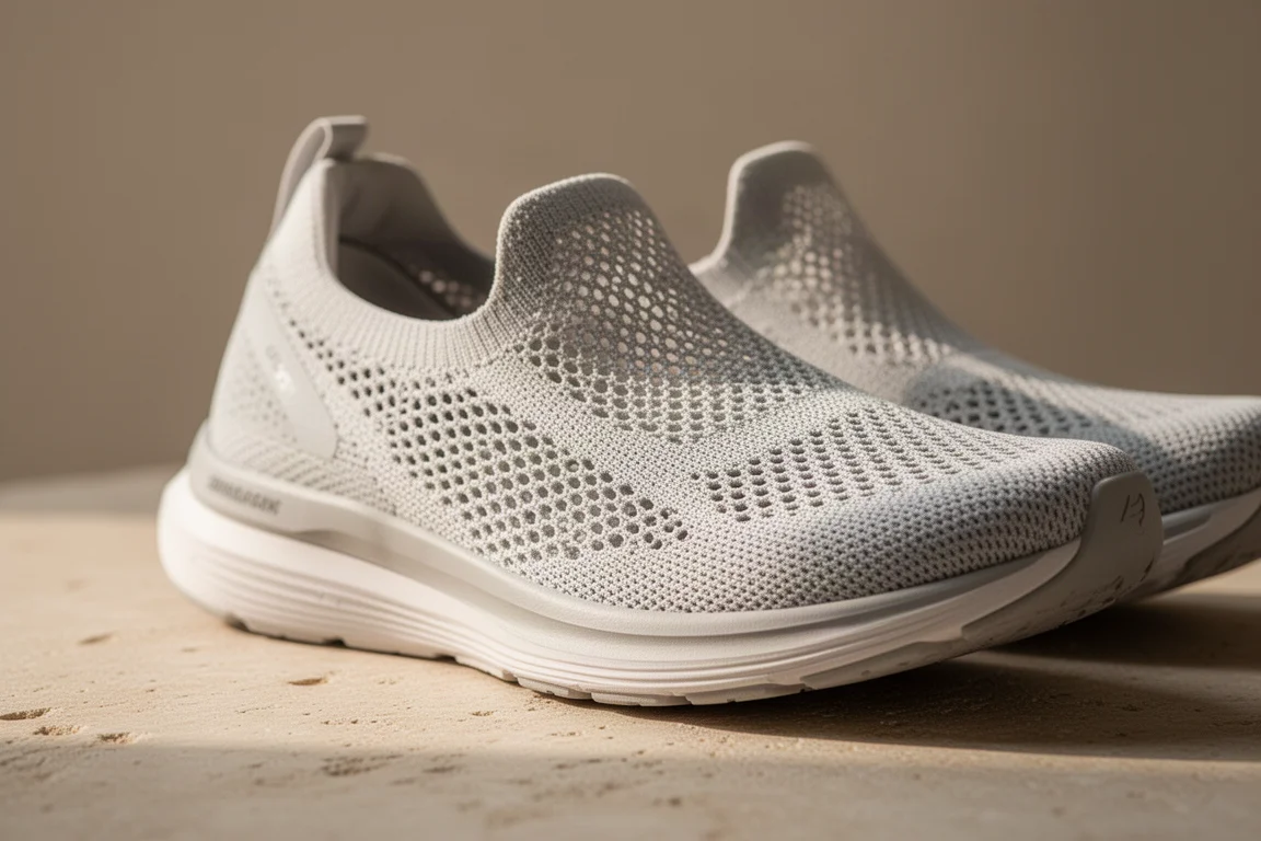 Parte superior transpirable de malla de una zapatilla de running a contraluz con la luz del verano