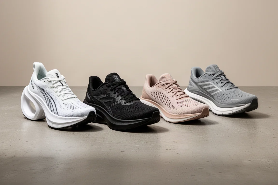 Four running shoes in a row on a concrete studio surface