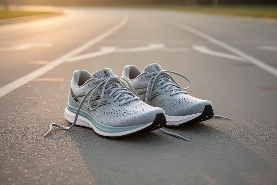 Läufer schnürt die Schnürsenkel leichter Straßenlaufschuhe neben einer Laufbahn