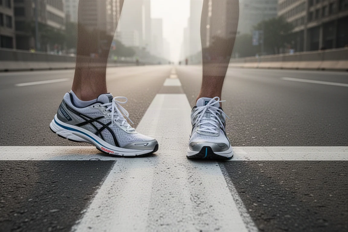 Nahaufnahme der Füße eines Läufers an der Startlinie eines 10-km-Stadtrennens