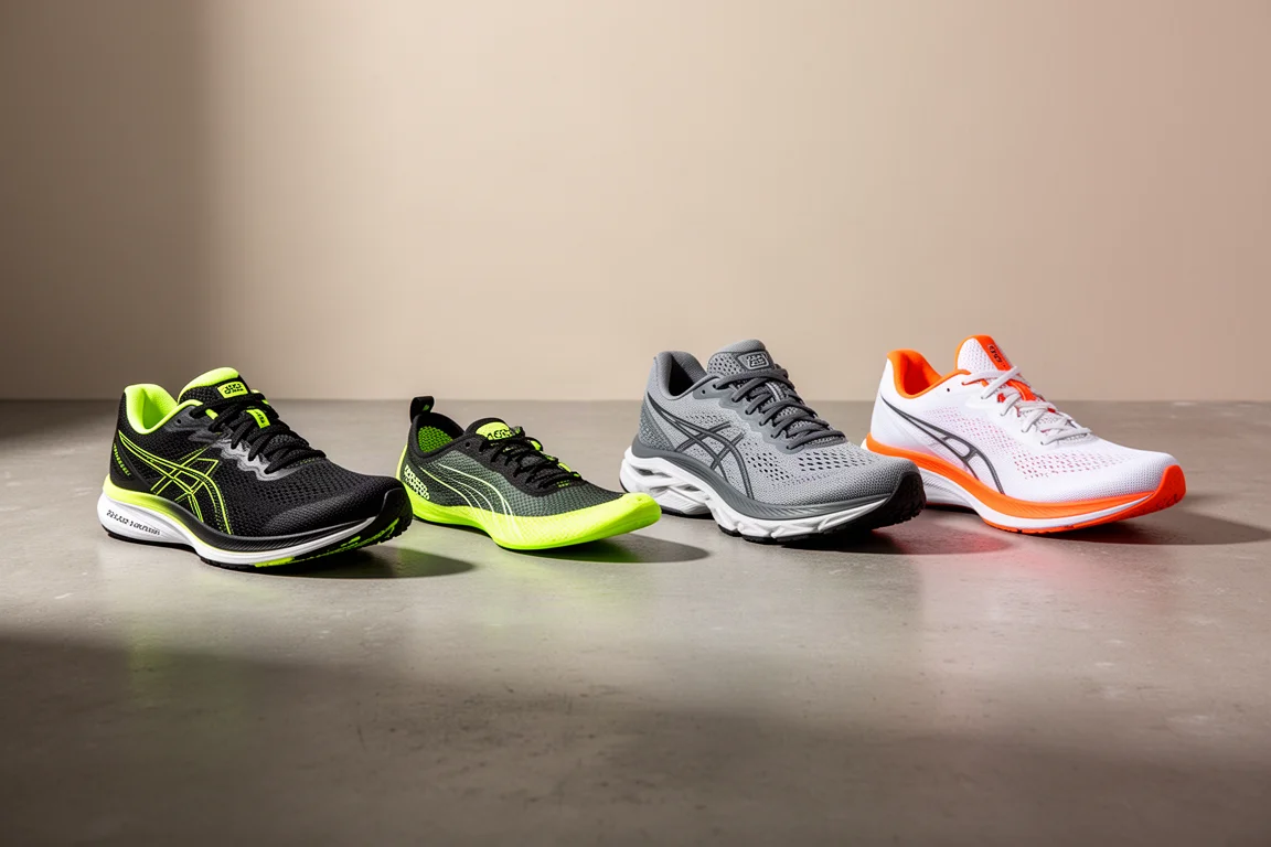 Four running shoes in a row on a matte concrete studio surface