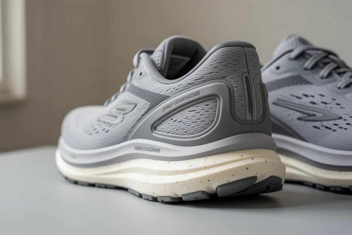 Zbliżenie na piętę buta biegowego z widoczną pianką midsole i stabilizującą ramą