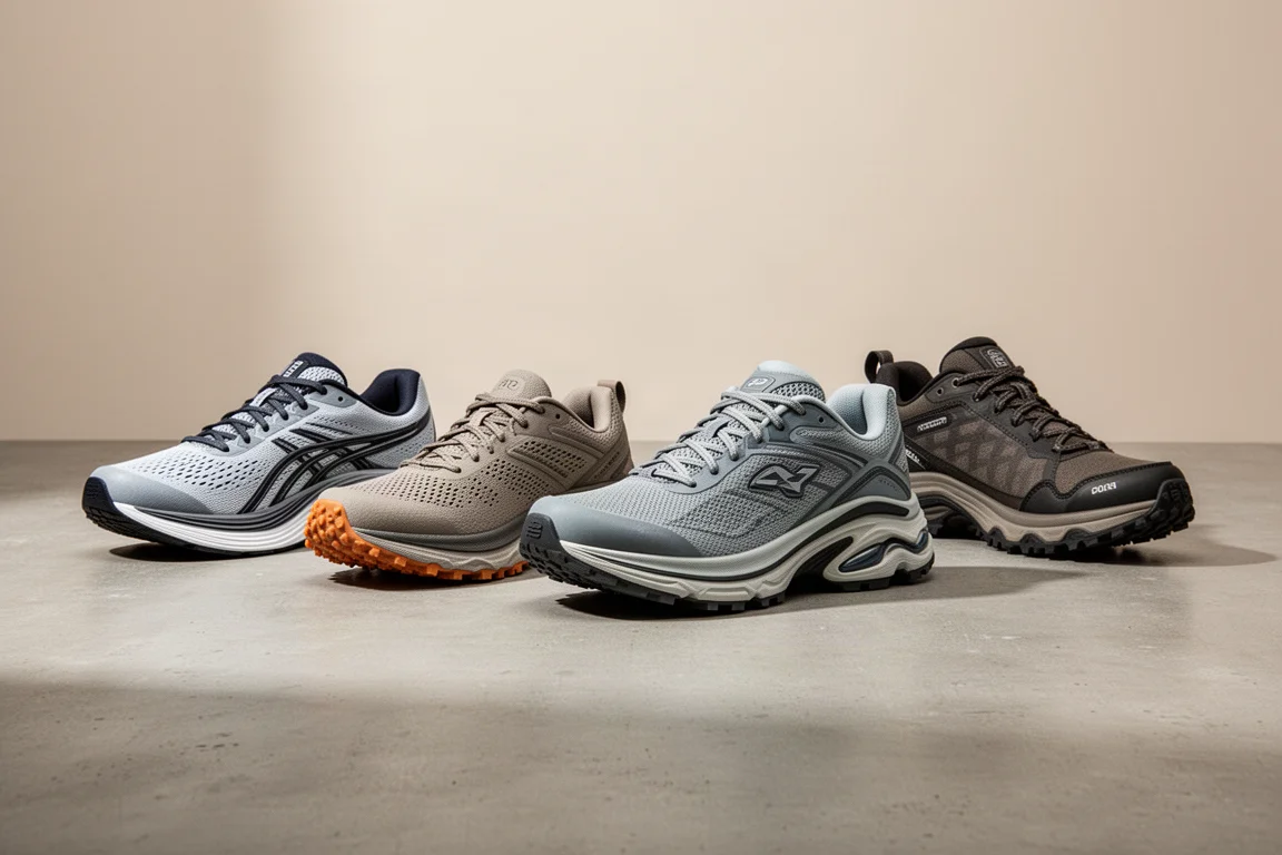 Four running shoes arranged in a row on a matte concrete surface