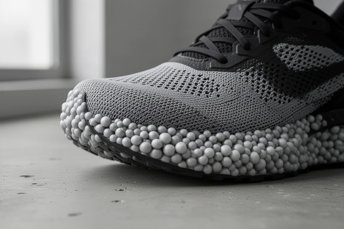 Gros plan d'une semelle intermédiaire de type boost montrant de petites pastilles de mousse sous une tige en mesh