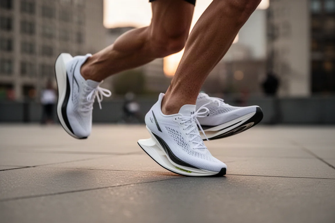 Pieds d'un coureur qui décolle sur un trottoir en ville dans une chaussure de compétition à plaque carbone