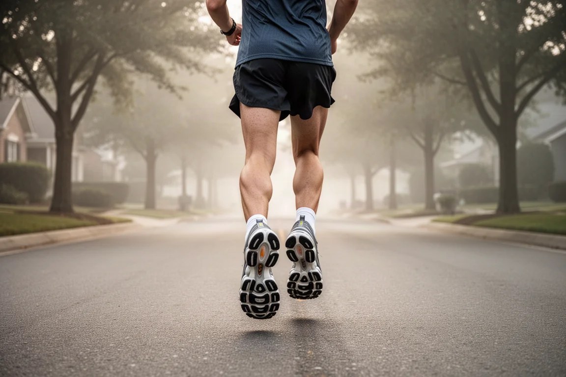 Coureur sur une route tranquille de banlieue dans une lumière douce du matin, portant des chaussures très amorties
