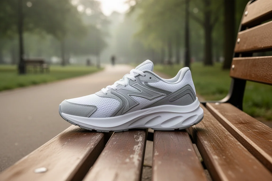 Alledaagse hardloopschoen met dikke witte foam-tussenzool op een houten bank