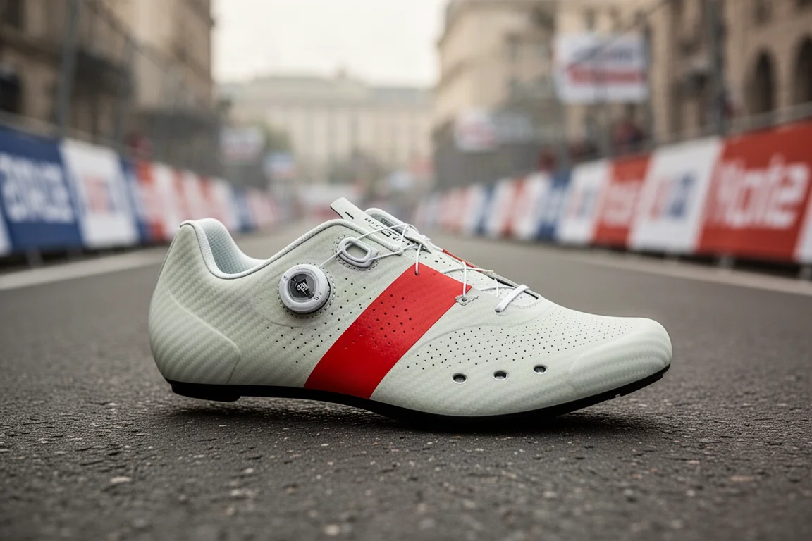 Wegd racer met off-white tussenzool en rode middenvoetstreep aan het begin van een stedelijk wedstrijdparcours