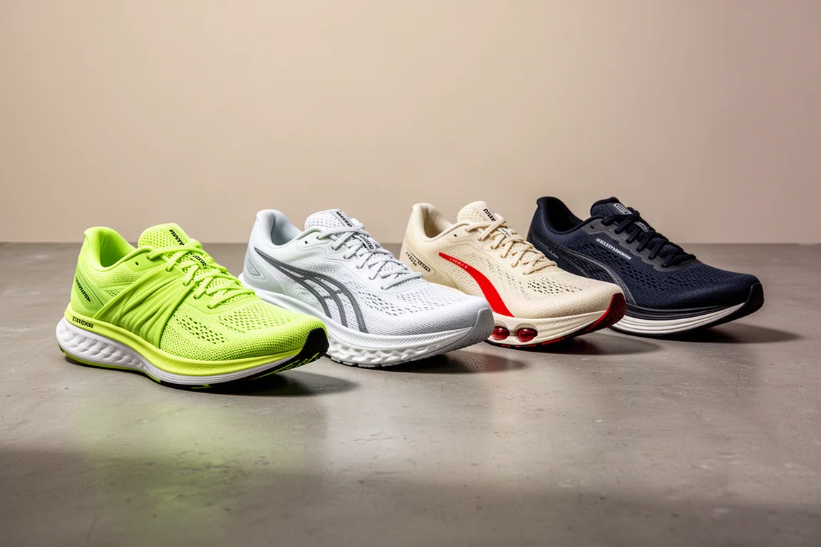 Four running shoes lined up on a concrete surface