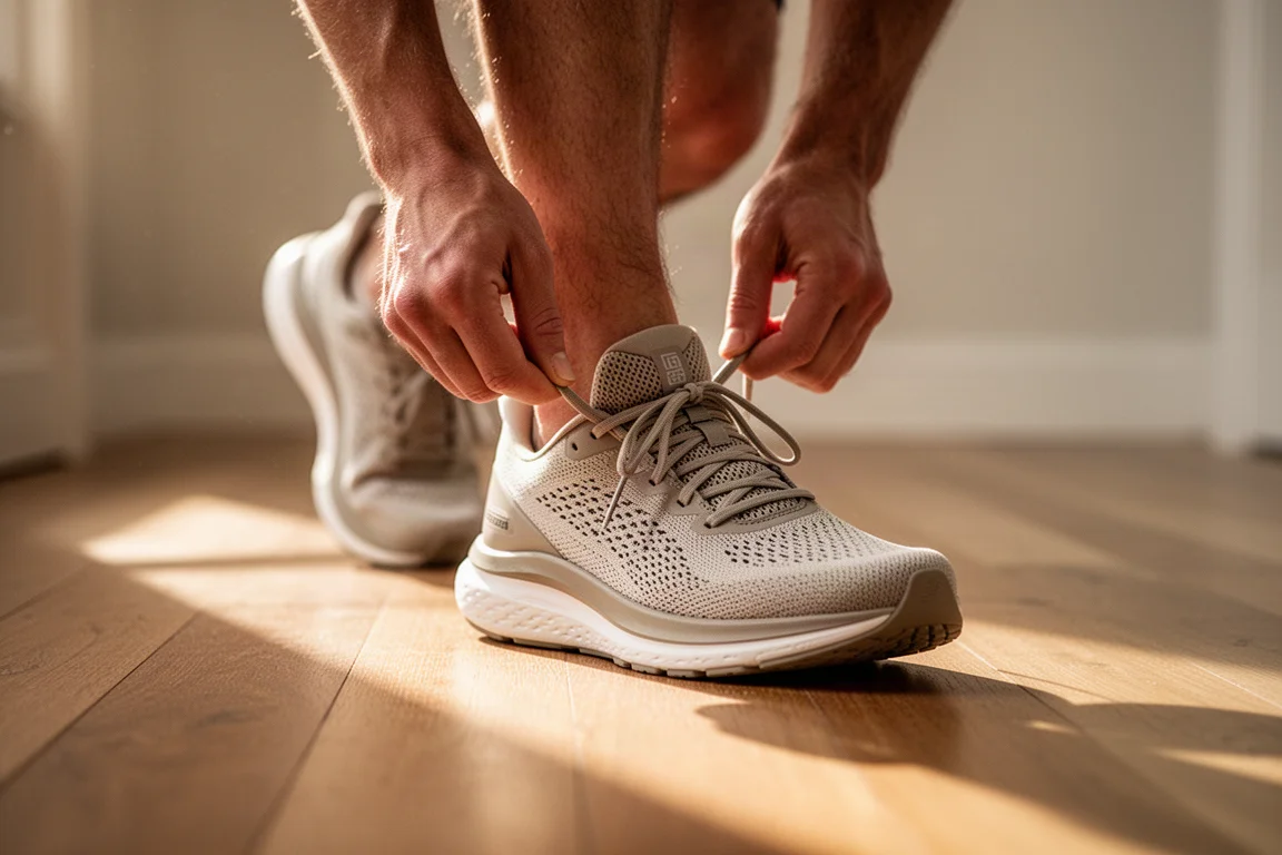 Läufer schnürt einen neutralen Alltagstrainingschuh im sanften Morgenlicht