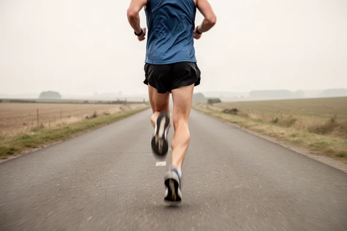 Läufer in der Schwungphase auf einer ruhigen Straße beim Tempotraining