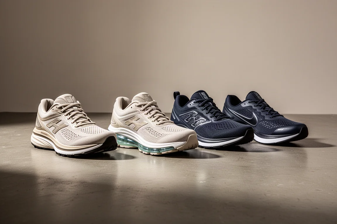 Four running shoes arranged in a row on a matte concrete studio floor