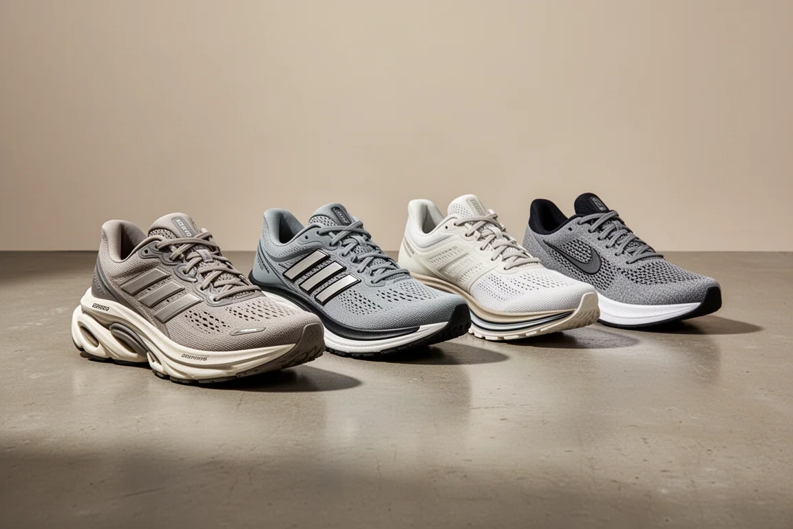 Four new running shoes lined up on a concrete studio floor