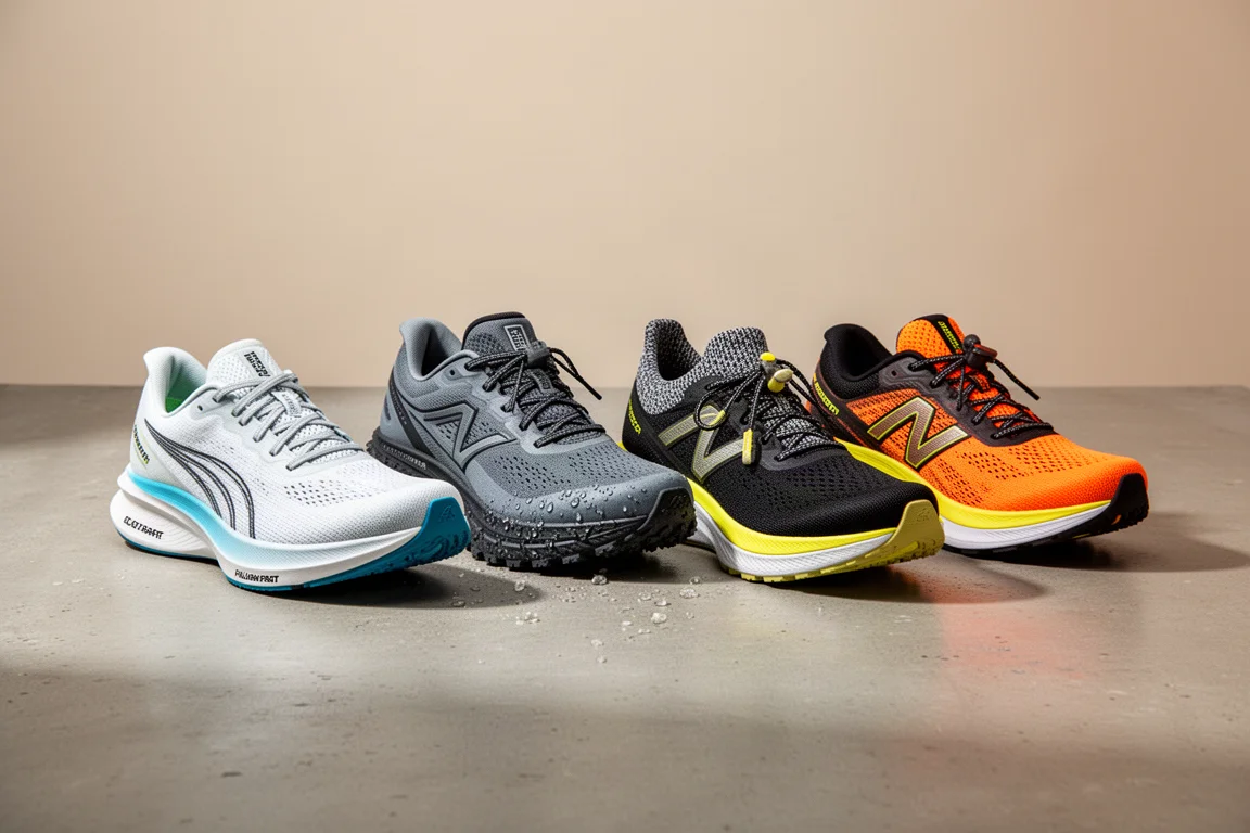 Four running shoes arranged in a row on a concrete surface