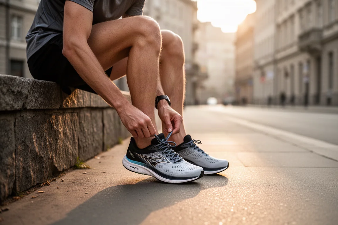 早朝の静かな街角で、ランナーが最新のトレーニングシューズの紐を結んでいる様子