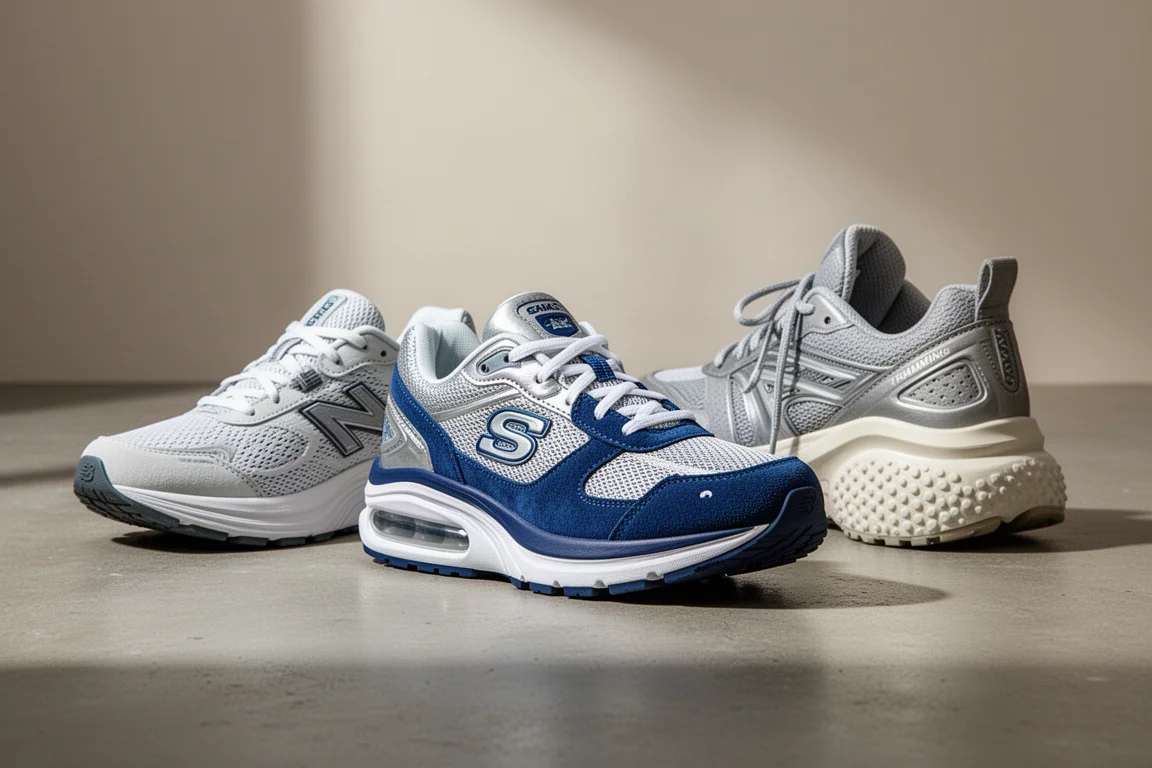 Three running shoes lined up on a concrete surface: a modern trainer, a retro Air Max and a tall cushioned trainer