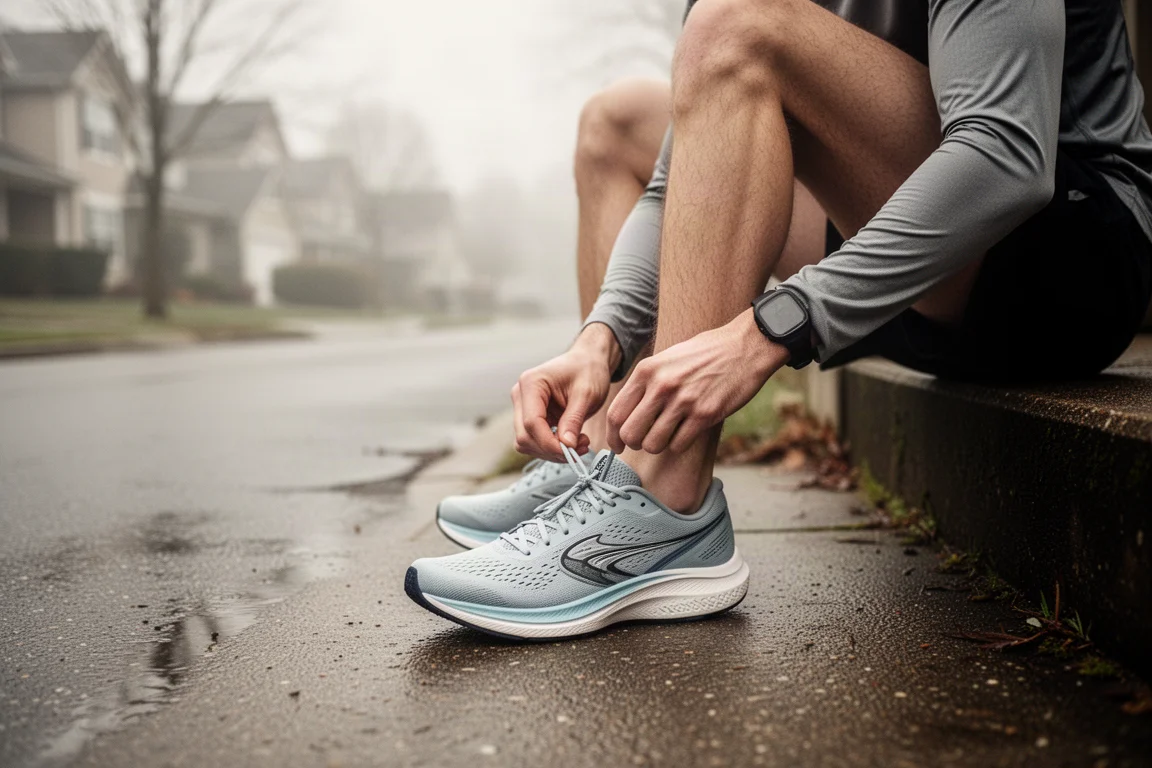 Un coureur attachant les lacets d'une chaussure de running sur route dans une rue de banlieue tranquille
