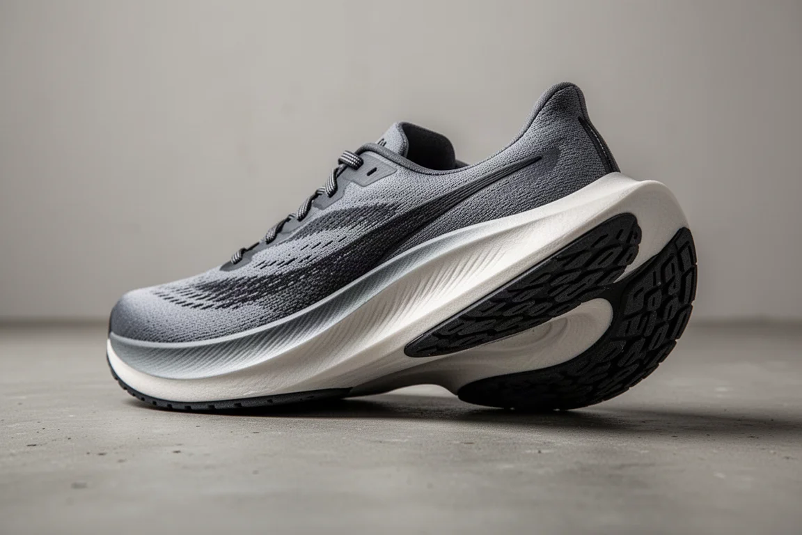 Gros plan sur la semelle intermédiaire et la semelle extérieure d'une chaussure de running montrant la géométrie rocker