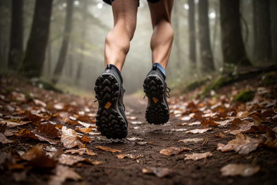Traileur marchant sur un sentier forestier humide avec des chaussures de trail robustes