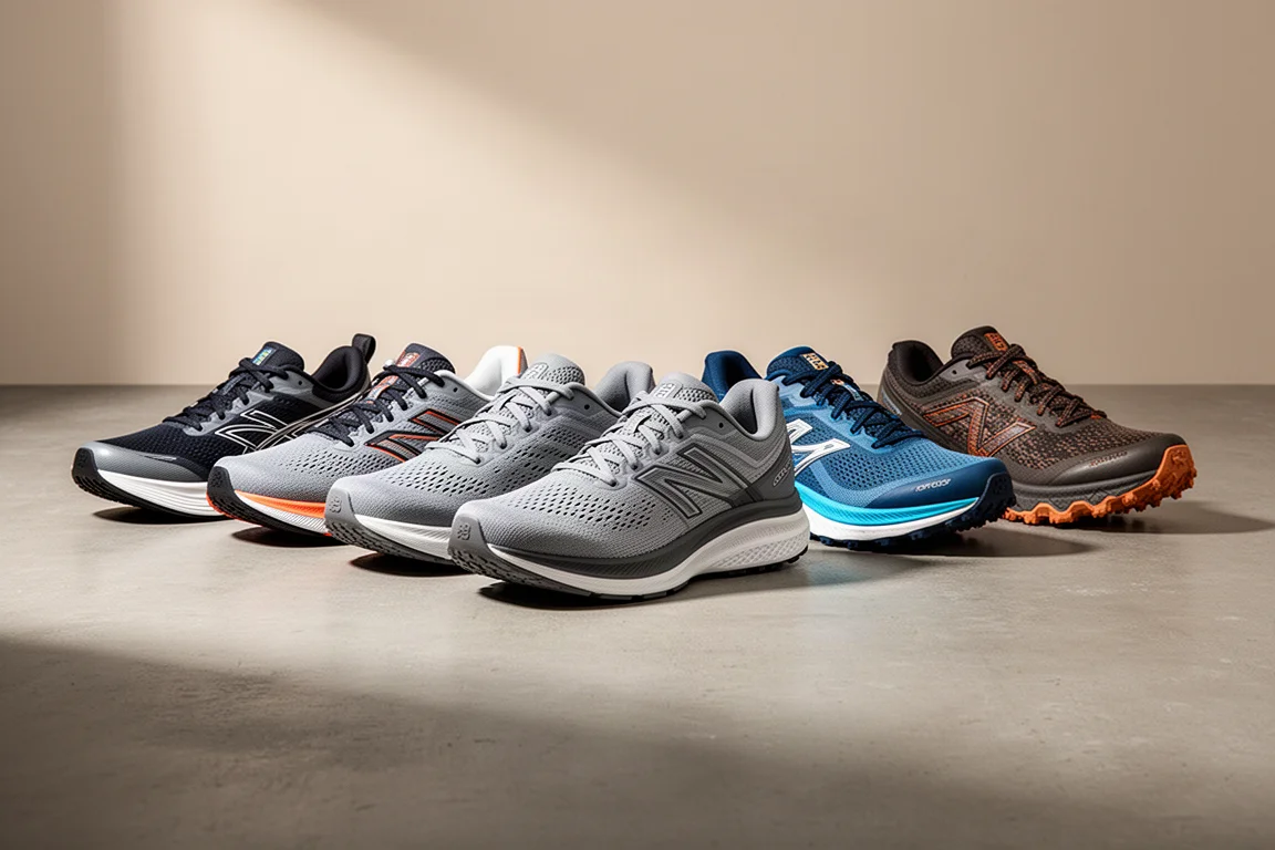 Seven running shoes lined up on a concrete surface