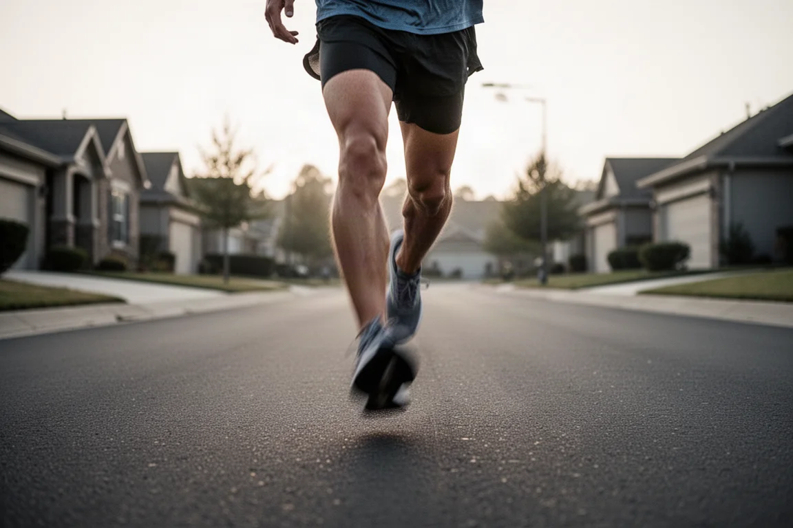 Runner che si lancia in un tempo run veloce su asfalto liscio nella luce soffusa del mattino