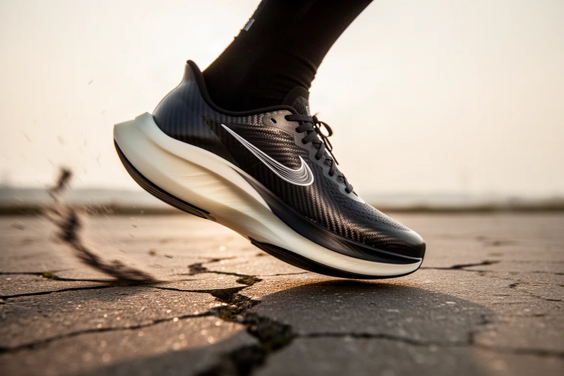 Primo piano della schiuma di una scarpa da running con piastra in carbonio che si comprime sull'asfalto durante un allenamento