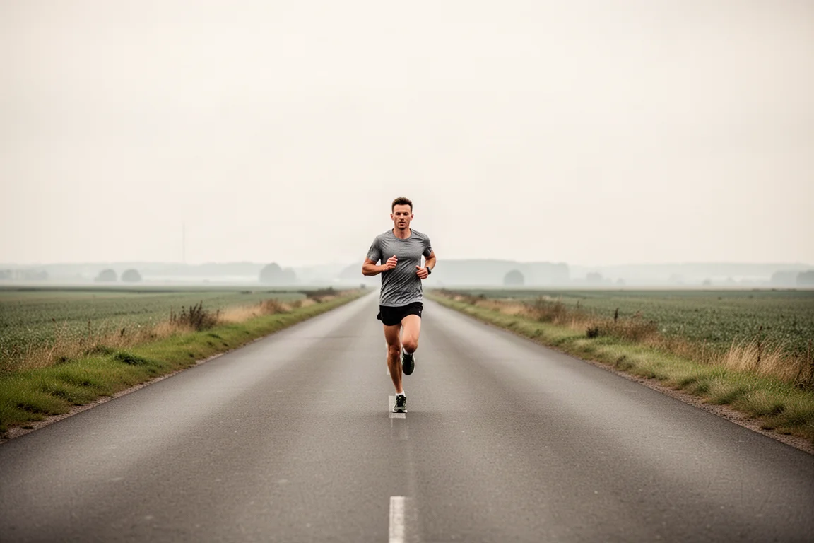 Runner che mantiene un ritmo maratona costante su una strada lunga e tranquilla