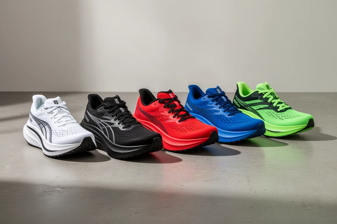 Seven carbon-plate running shoes arranged in a row on a concrete surface