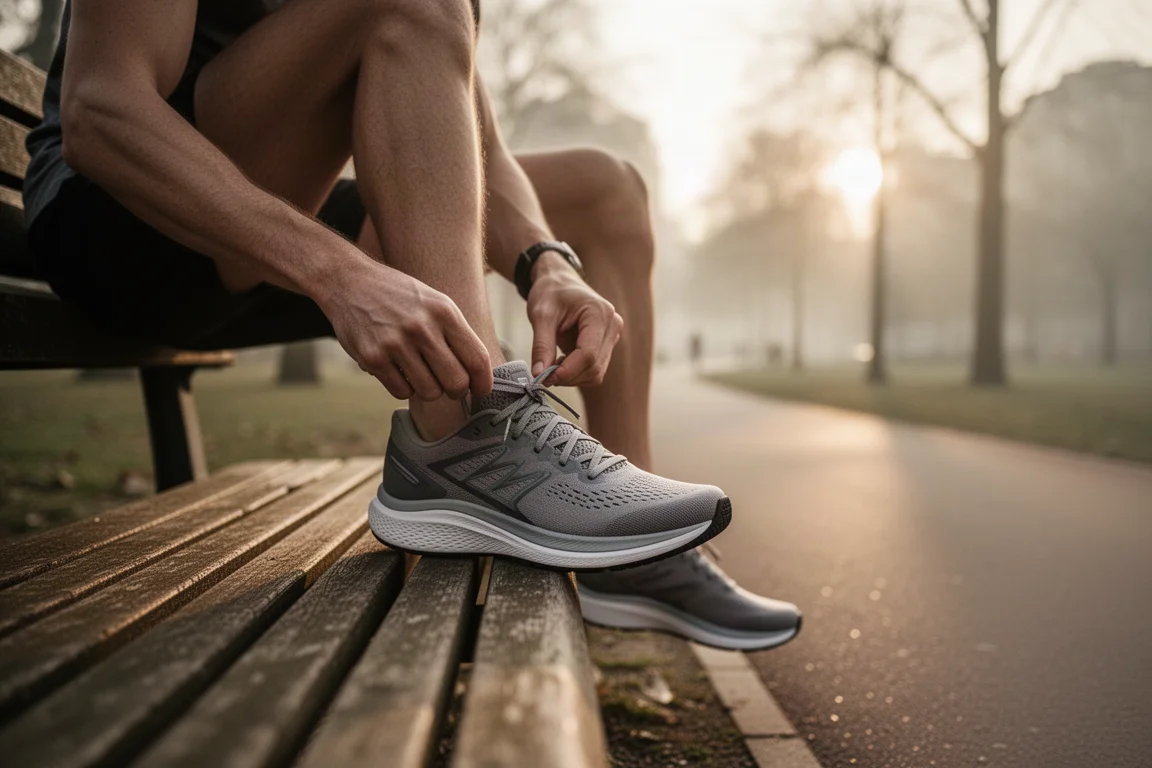 Corredor amarrando um par de tênis de corrida antes de um treino leve pela manhã