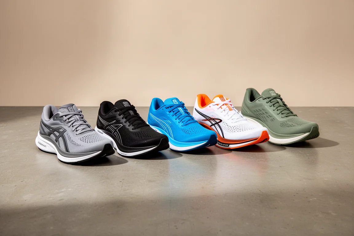Five running shoes arranged in a row on a concrete studio floor