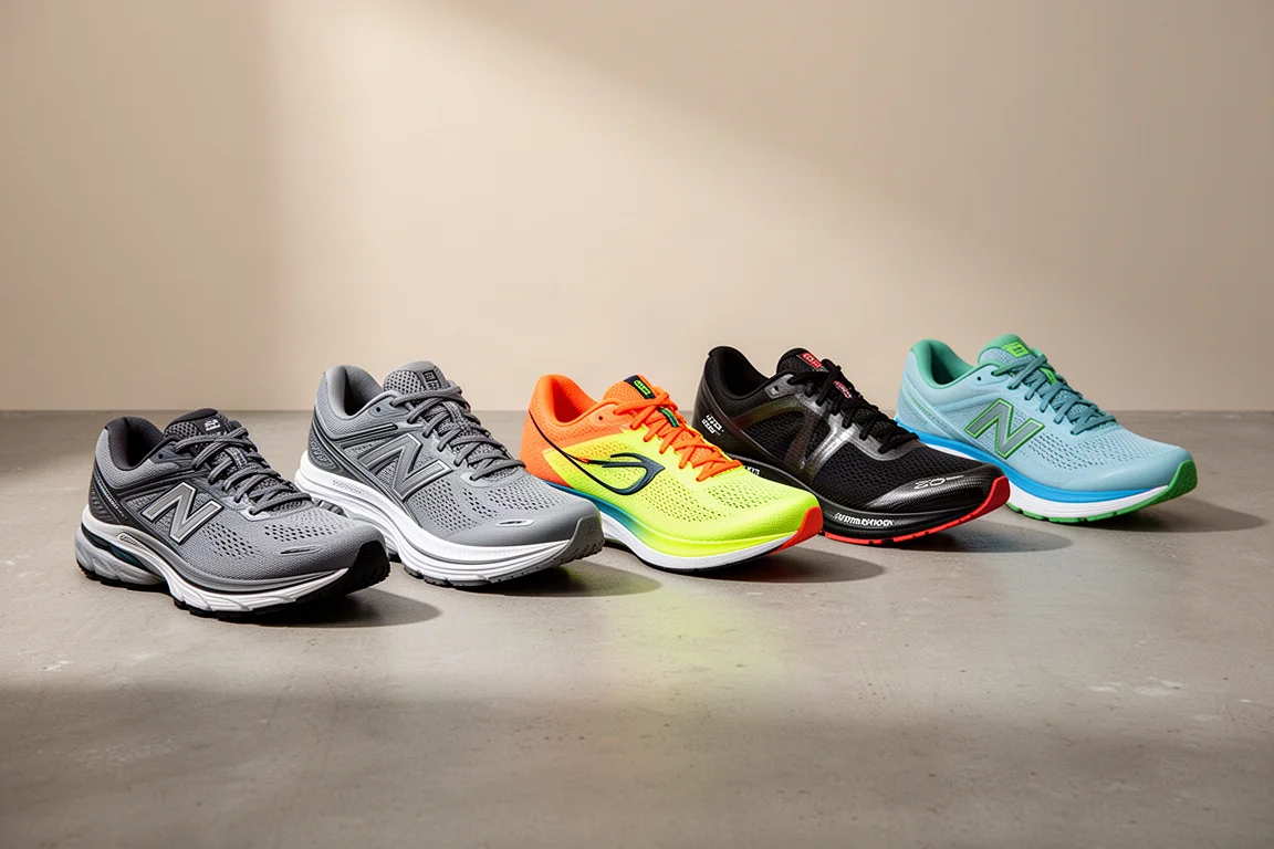 Six running shoes arranged in a staggered row on a concrete surface