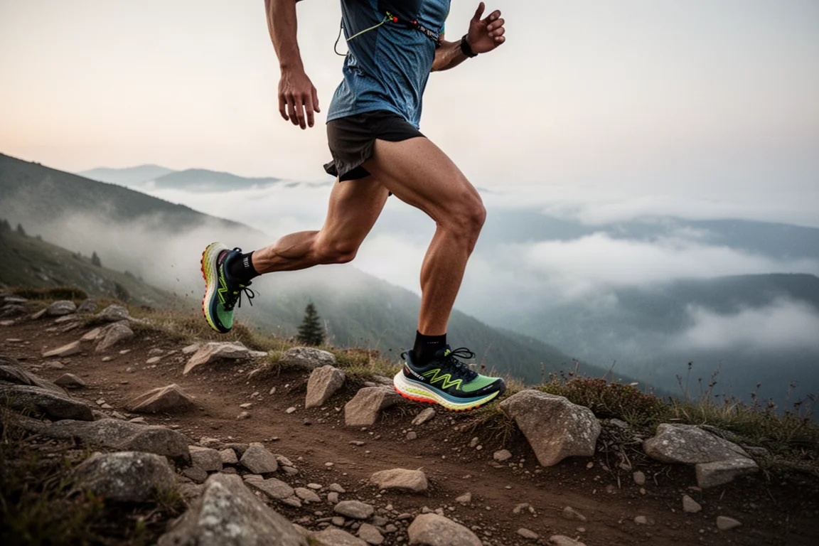 Trail runner moving over rocky singletrack on a misty mountain ridge