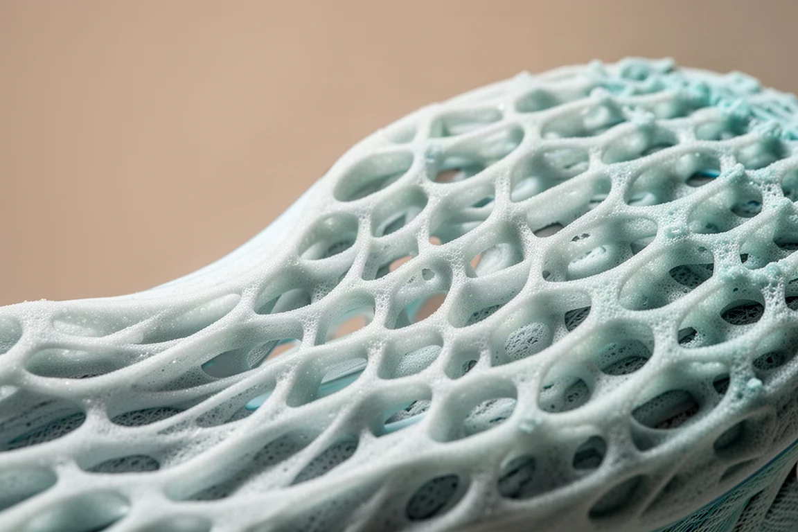 Close-up of an intricate 4D-printed lattice midsole structure