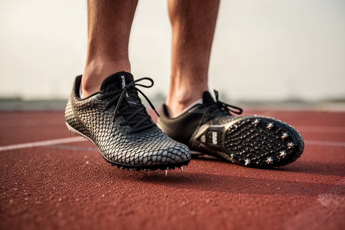 Athlete on a running track adjusting the laces of a track spike