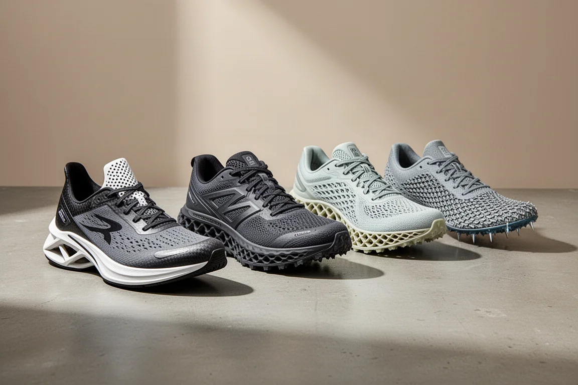 Four running shoes in a row: high-stack racer, maximal trail shoe, 4D-printed runner, and track spike