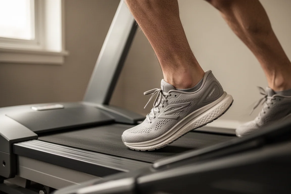屋内でトレッドミル走行を始める前に、ランナーがランニングシューズの紐を結んでいるところ